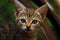 Captivating Portrait: Striped Brown Kitten\'s Direct Gaze in Front of Rusty Bicycle Wheel