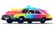 Captivating Rainbow Cab With Minimalist Graffiti: Synthwave Inspired Vector Art