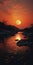 Captivating Red Sun Over River: A Sublime Wilderness Photoillustration