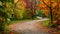 A captivating scene of a dirt road surrounded by vibrant autumn foliage, creating a serene atmosphere, A curvy path through