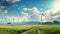 A captivating scene of a serene field with a dirt road leading to a row of majestic windmills, Windmill wind power electricity