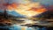 Captivating Scottish Landscape Painting: Sunset Over River And Hills
