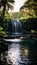 Captivating serene park scene with beautifully cascading waterfall and abundant lush greenery