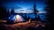 Captivating Serenity. Mountain Campsite Nestled at the Base of Majestic, Snow-capped Peaks