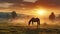 The Captivating Sight of Arabian Horses on a Foggy Pasture as the Sun Dips in Orange Splendor