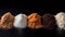 A captivating still life of various sugars elegantly arranged on a dark wooden table, with crystals glistening under