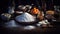 A captivating still life of various sugars elegantly arranged on a dark wooden table, with crystals glistening under