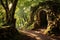 A captivating stone arch stands amidst the lush greenery of the forest, A sun-dappled forest path leading to a mysterious stone