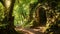 A captivating stone arch stands amidst the lush greenery of the forest, A sun-dappled forest path leading to a mysterious stone