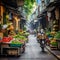 Captivating street scene in Hanoi& x27;s Old Quarter showcasing vibrant colors, bustling activity, and captivating