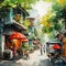 Captivating street scene in Hanoi& x27;s Old Quarter showcasing vibrant colors, bustling activity, and captivating