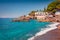 Captivating summer view of publik beach in Dhermi town. Impressive morning seascape of Adriatic sea.