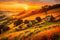 A captivating sunset over a hillside cottage, with the last rays of sunlight casting a golden glow on the landscape