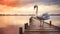 Captivating Sunset Portrait Of A Swan On An Old Pier