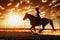 Captivating sunset scene girl jockey rides majestic horse silhouette