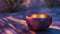 In the captivating twilight, a Tibetan singing bowl exudes a mystical aura, with purple and gold tones that suggest a
