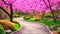 A captivating Video of a winding road enveloped by vibrant pink flowers and flourishing trees, A winding pathway through a