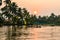 A captivating view of a boat with boatman, trees, houses, landscape on backwaters in Kerala, South india