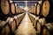 A captivating view of rows of wine barrels neatly stacked in a wine cellar, Wooden oak Port barrels in neat rows, AI Generated