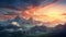 A captivating and vivid digital background featuring a stunning sunrise over a mountain range, with realistic colors and details,