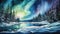 Captivating Watercolor Northern Lights over a Frozen Lake AI Generated