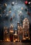 A captivating winter scene featuring charming houses adorned with twinkling lights. Generative AI