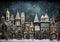 A captivating winter scene featuring charming houses adorned with twinkling lights. Generative AI