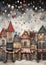 A captivating winter scene featuring charming houses adorned with twinkling lights. Generative AI
