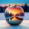 Captivating winter scene revealed through a clear glass apple, showcasing a tranquil landscape at sunrise