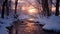 Captivating Winter Scenery: Snow Covered River At Sunrise