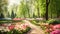 Capture the beauty of nature with this serene painting of a garden filled with colorful flowers and lush trees, Panoramic view to