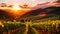 Capture the captivating sight of the sun setting over a picturesque vineyard, showcasing natures tranquility and stunning beauty,