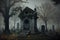 Capture the eerie beauty of a forgotten graveyard adorned with misty specters in this haunting artwork.
