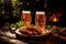 Capture essence of beer garden experience with captivating showcasing two glasses of beer and sausages. Ai generated