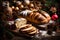 Capture the essence of New Year and Christmas with a rustic background featuring festive bread. Showcase the warmth and tradition