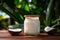 Capture the exotic essence of coconut delights with a vivid photo presenting a mockup of a jar filled with rich coconut