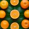 Capture Fresh orange fruits with leaves background, top view, vibrant