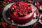 Capture the joyous spirit of celebration with a top view of a festive cake adorned with luscious berries and pomegranate icing.