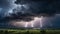 Capture the raw power of a thunderstorm, with lightning, dark clouds, and torrential rain over a dramatic landscape