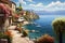 Capture the serene beauty of a village nestled along the tranquil waters in this picturesque painting, A postcard-style scene of a