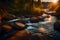 Capture the tranquil beauty of a winding river at sunset in a photograph, showcasing its realistic and detailed textures and