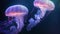 Capture the tranquility of the ocean with this snapshot of jellyfish gracefully floating amidst the waves, Two jellyfish swimming