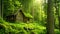 Capture the tranquility of a peaceful forest as a small cabin blends seamlessly with nature, A cozy cabin in a lush green forest