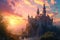 Captured during a magical sunset, a majestic castle emerges in the heart of a serene forest, A fairy tale-like castle against a