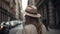 Capturing the Charisma of a Young Woman in Hat Strolling through Urban Streets. Generative AI
