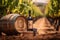 Capturing the Essence of Winery Life: A Still Life of a Wine Barrel Against a Vineyard Backdrop