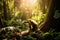 Capuchin monkey in a beautiful sunlit forest with golden light rays