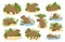 Capybara animals. Cartoon semi-aquatic wild animals, cute herbivore mammals in natural habitat flat vector illustration set. South