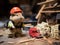 Capybara firefighter in front of tiny house