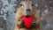 Capybara holds a big red heart in her paws on a minimalistic bright background